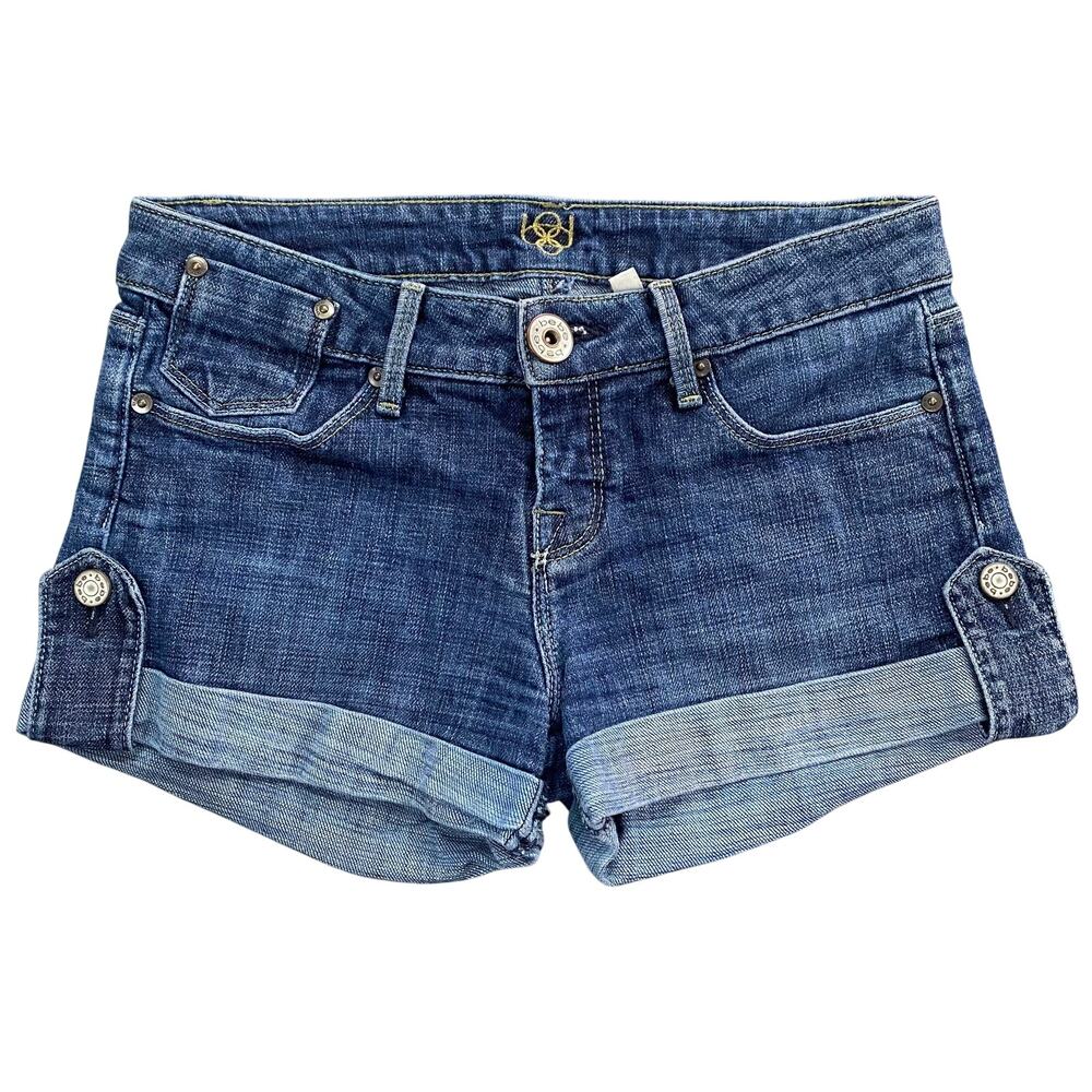 Vintage Y2K Bebe Denim Cuffed Mini Shorts Embroidered Pockets Womens 28 Size 6